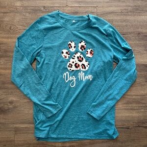 Teal 'Dog Mom' Long Sleeve Tee With Cheetah Paw Print